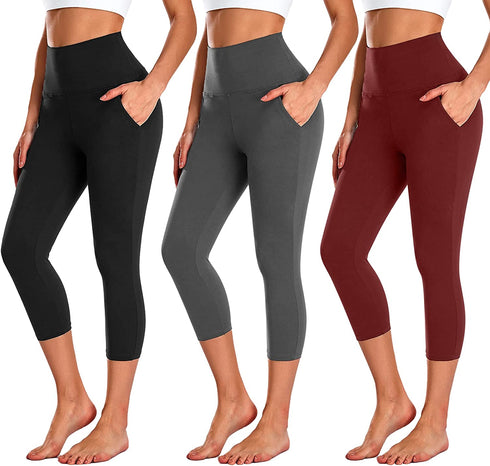 3 Pack Capri Leggings for Women with Pockets-High Waisted Tummy Control Workout Gym Yoga Pants Black